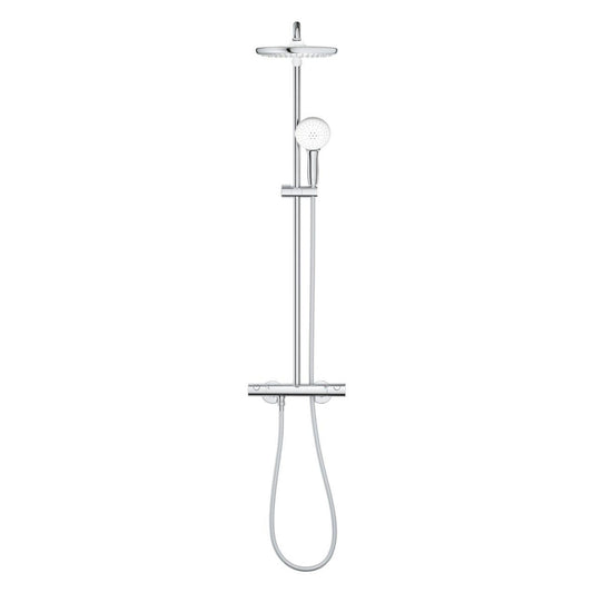 Sistema de duche termostático Grohe Tempesta 250 com chuveiro de teto e teleduche vista frontal.
