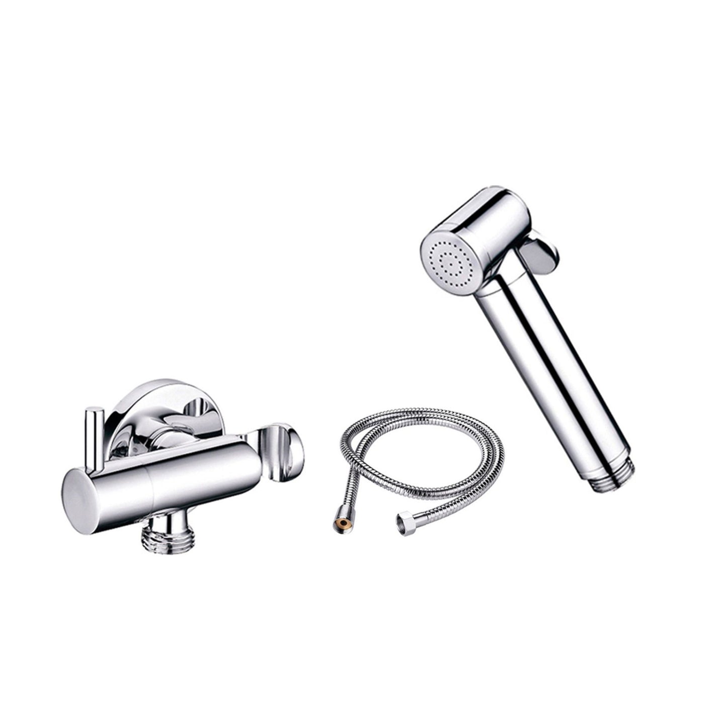Kit de chuveiro higiénico cromado incluindo bicha flexível, manípulo e corpo de encastrar.