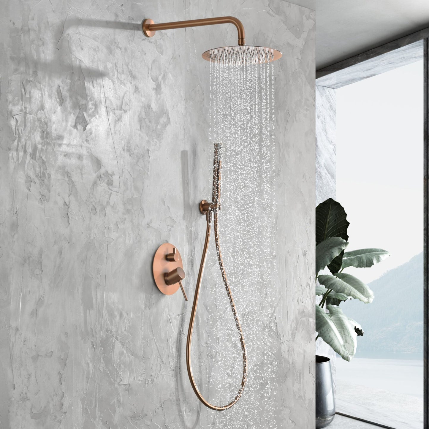 Conjunto de duche Monza de encastrar ouro rosa mate instalado em casa de banho moderna.