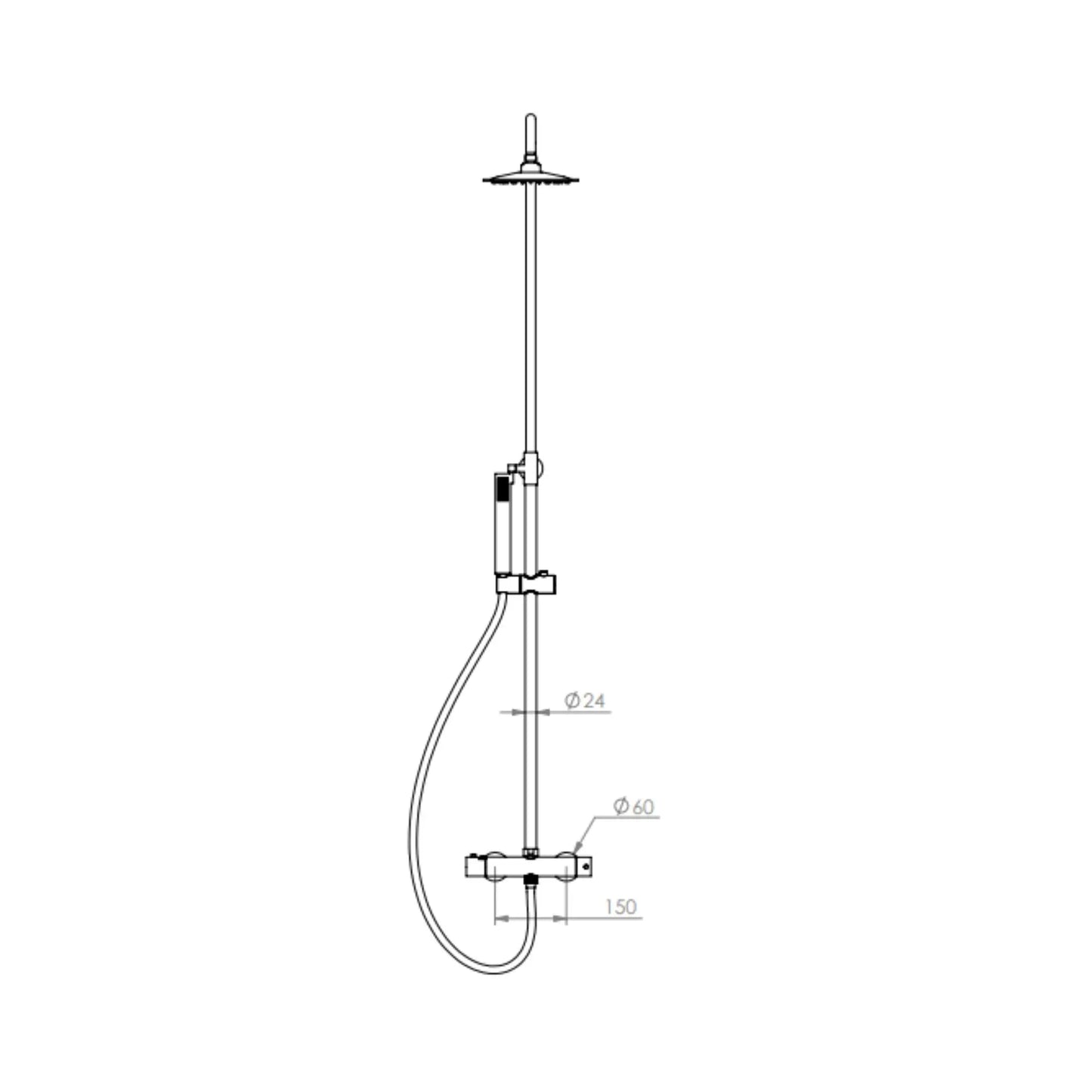 alt='Desenho técnico frontal da coluna de duche termostática ASM Cilíndrica, indicando a distância de 150mm entre as entradas de água.'
