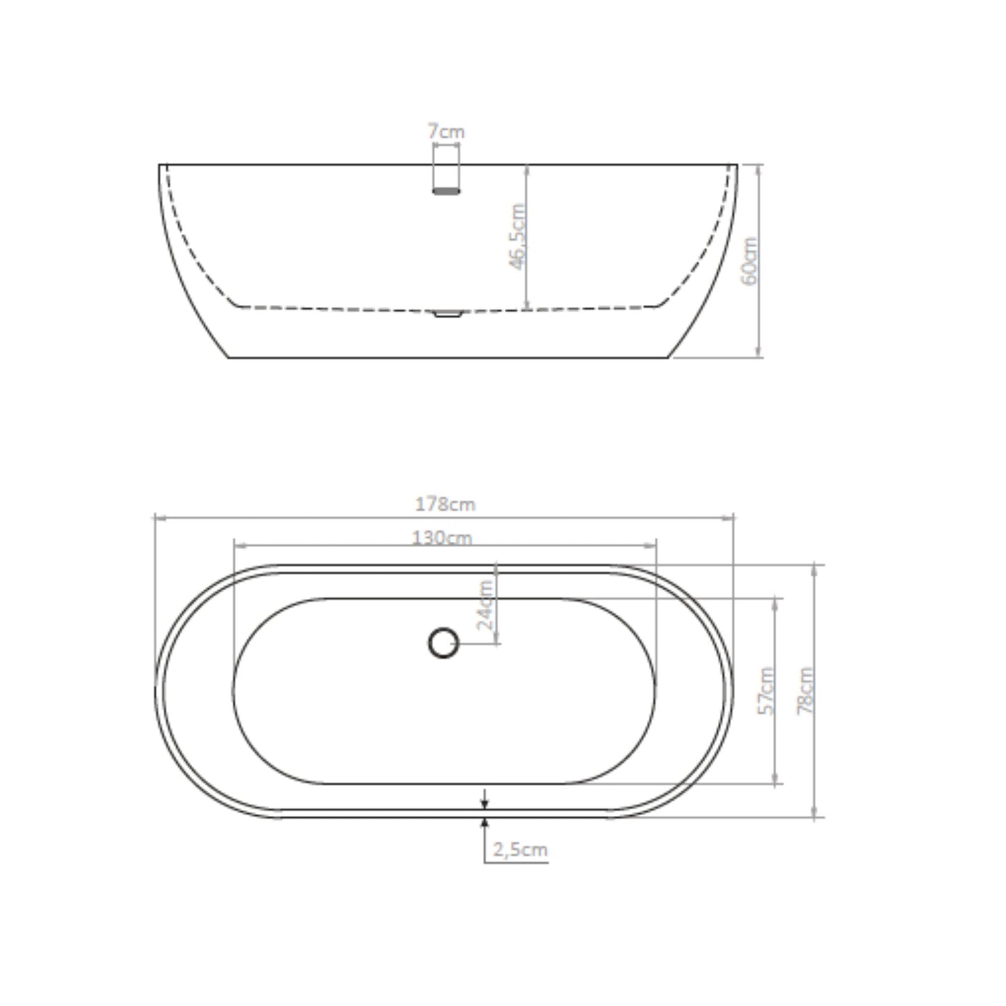 Desenho técnico detalhado com as dimensões de 178x78 cm da banheira Showerbox Benny.