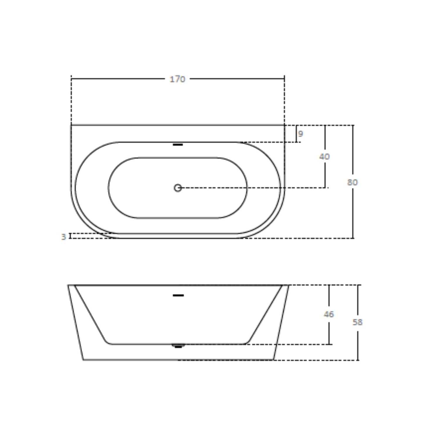 Desenho técnico com medidas detalhadas da banheira Showerbox Luppy de encosto à parede.