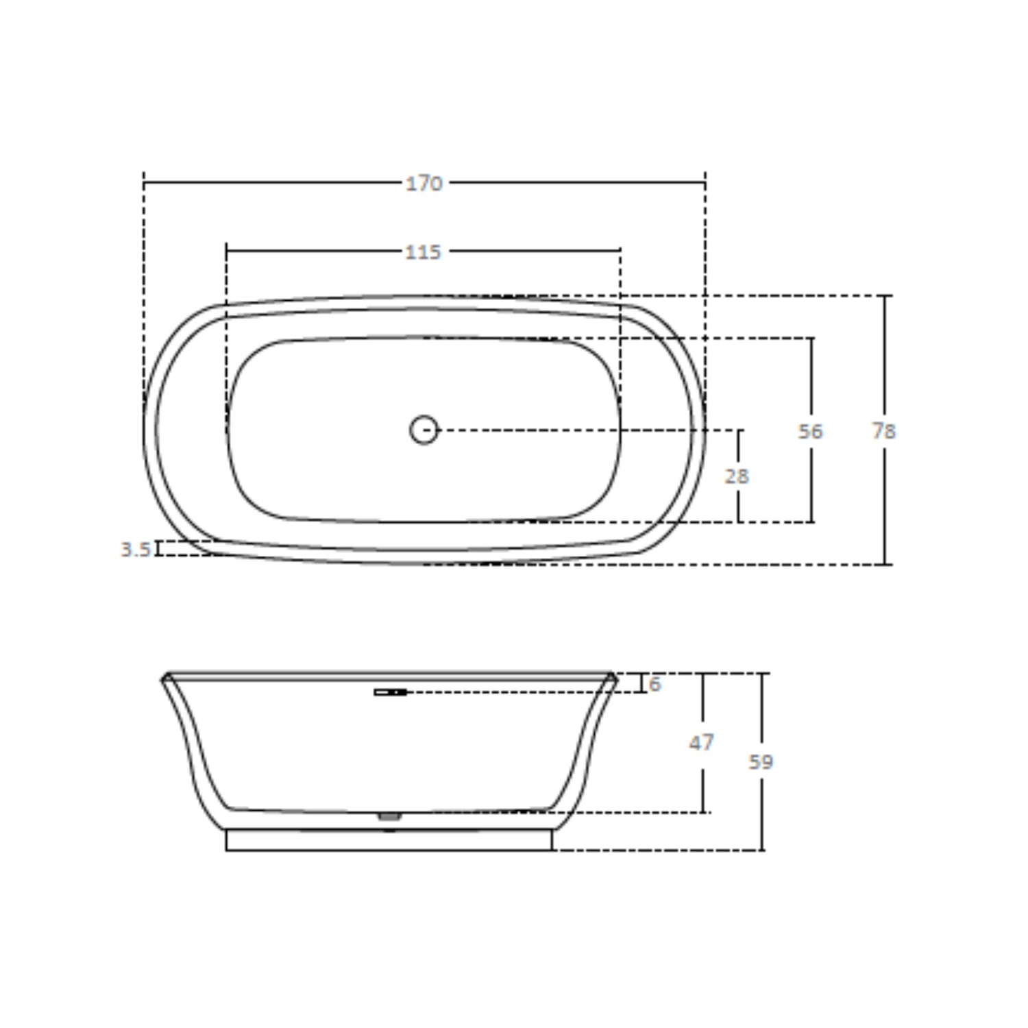 Esquema técnico com as dimensões de 170x78 cm da banheira Showerbox Samu.