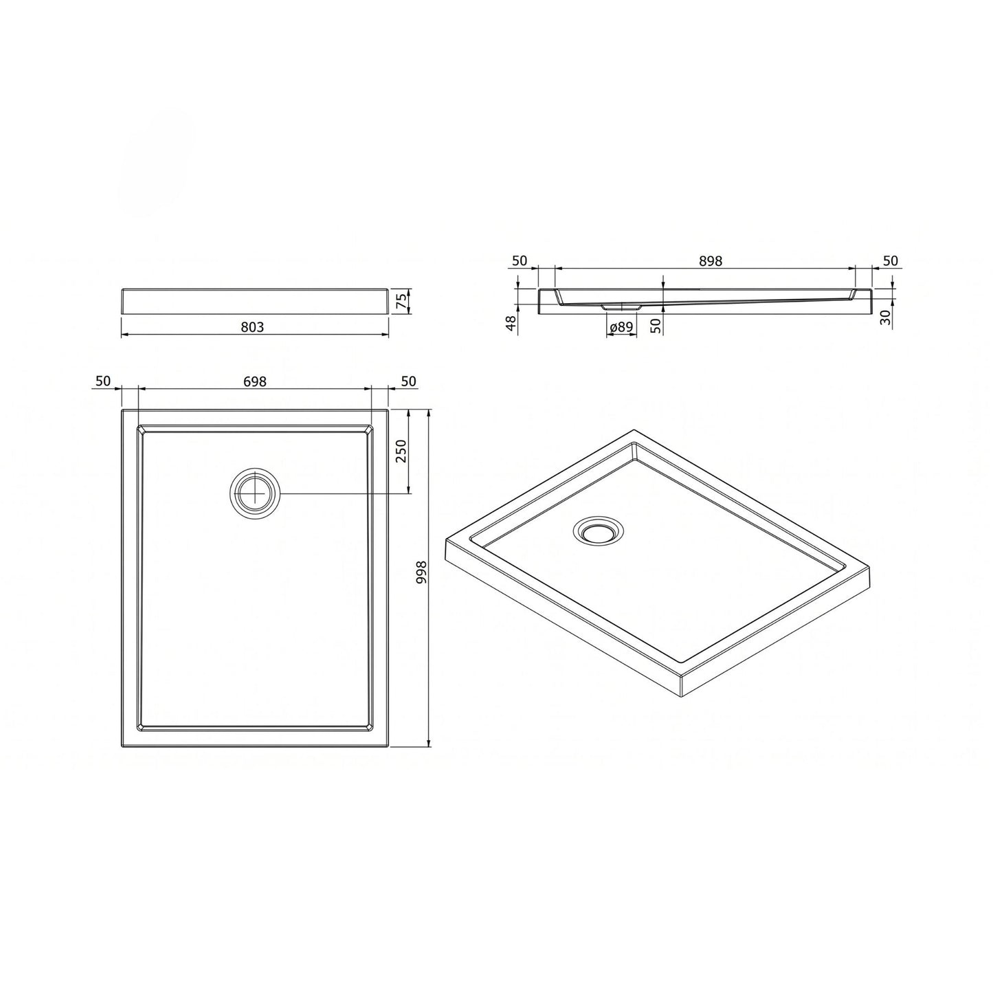 Desenho técnico com dimensões e cotas da base de duche em acrílico Sanindusa Piano