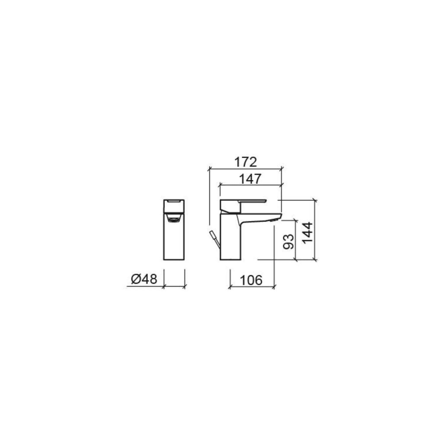 Desenho técnico com as dimensões da torneira de lavatório Sanindusa Master 40.