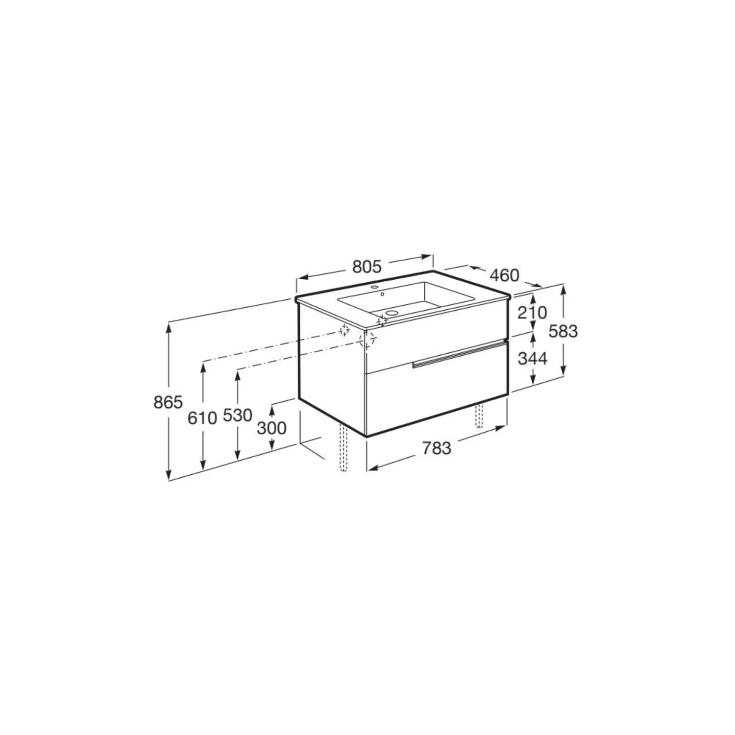 Desenho técnico com as dimensões do móvel de casa de banho suspenso Roca Victoria de 80cm.