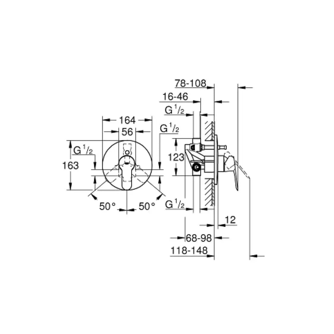Esquema técnico com dimensões e profundidade de instalação da torneira de banheira Grohe Bauedge.