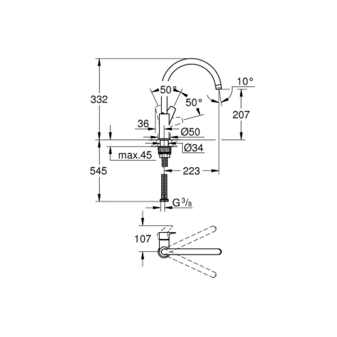 Esquema técnico com as dimensões e medidas detalhadas da torneira de cozinha Grohe Bauedge.