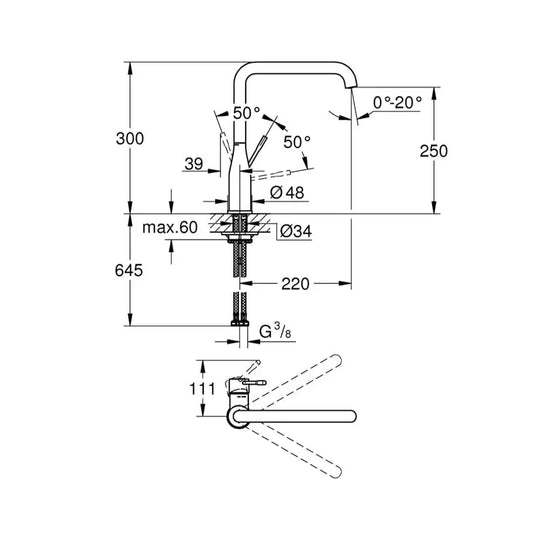 Desenho técnico com medidas detalhadas da torneira de cozinha Grohe Essence evidenciando altura e rotação.
