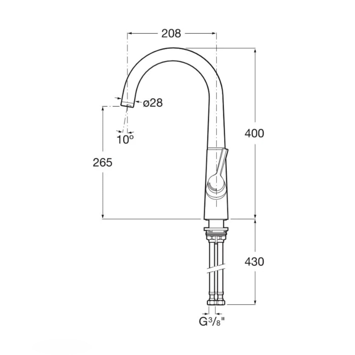 Desenho técnico com medidas detalhadas da torneira de cozinha Roca Syra indicando 400mm de altura.