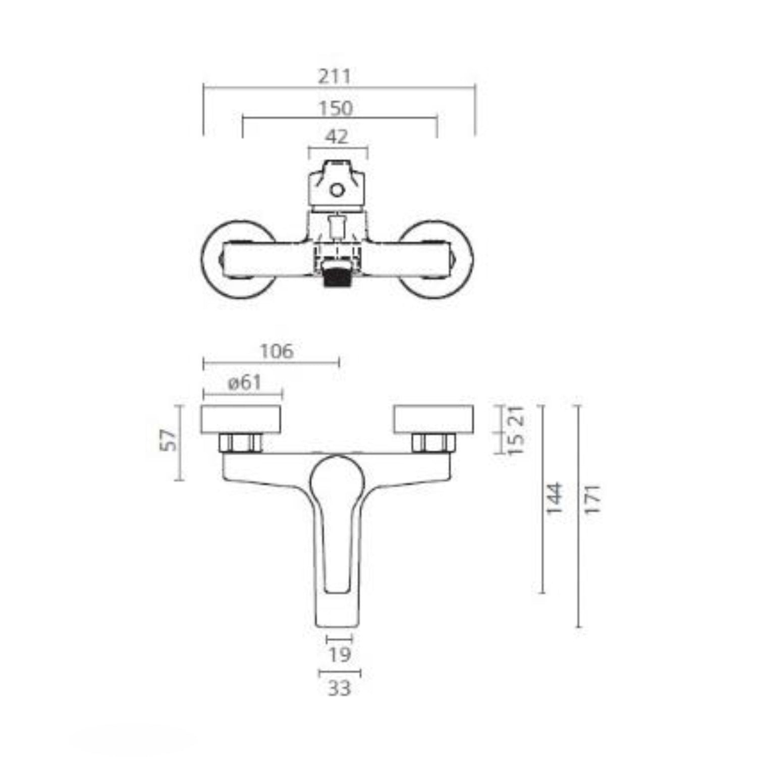 Esquema técnico com as dimensões detalhadas da misturadora de banheira Ctesi Spirit.