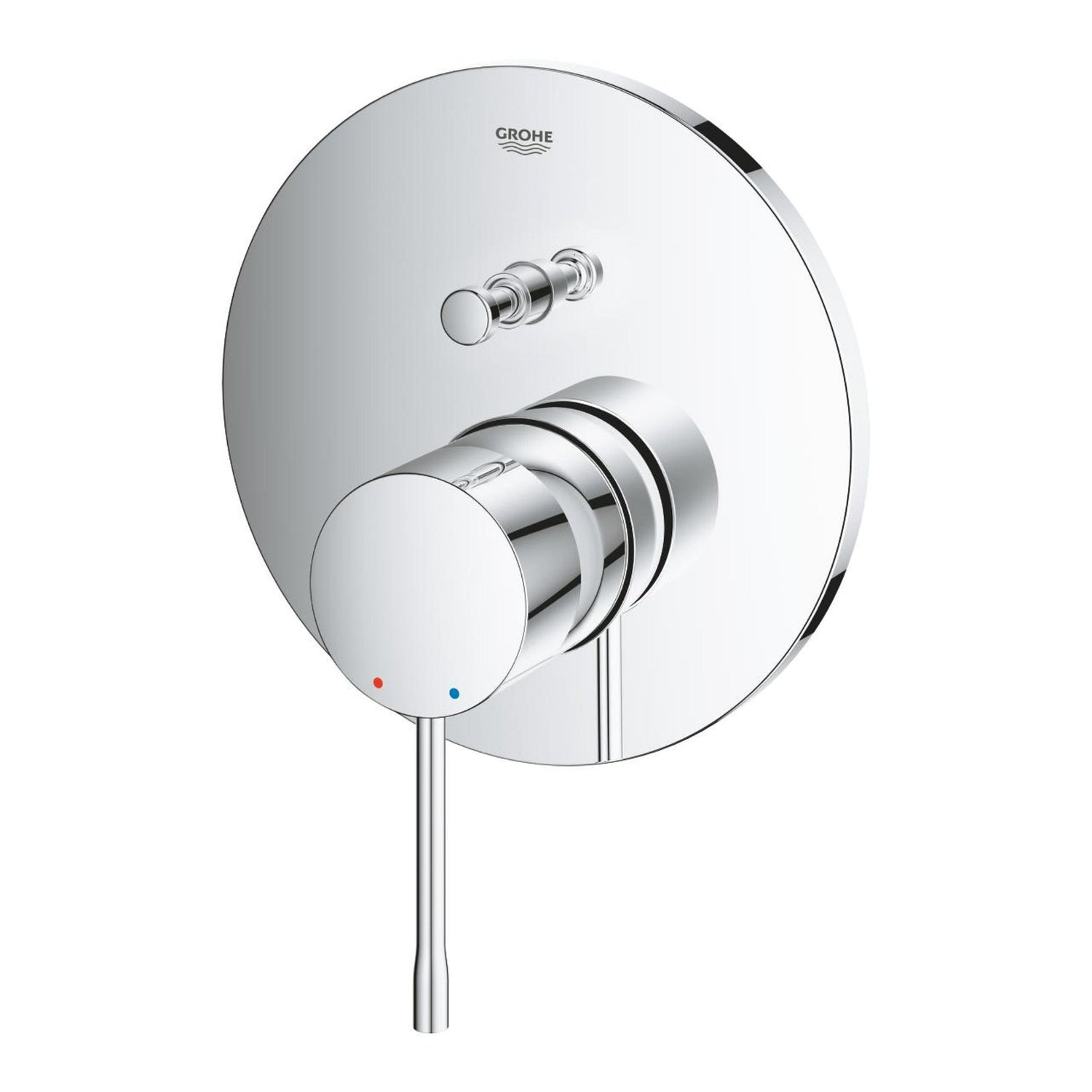Pormenor do manípulo metálico e inversor da torneira de encastrar Grohe Essence New em acabamento cromado.