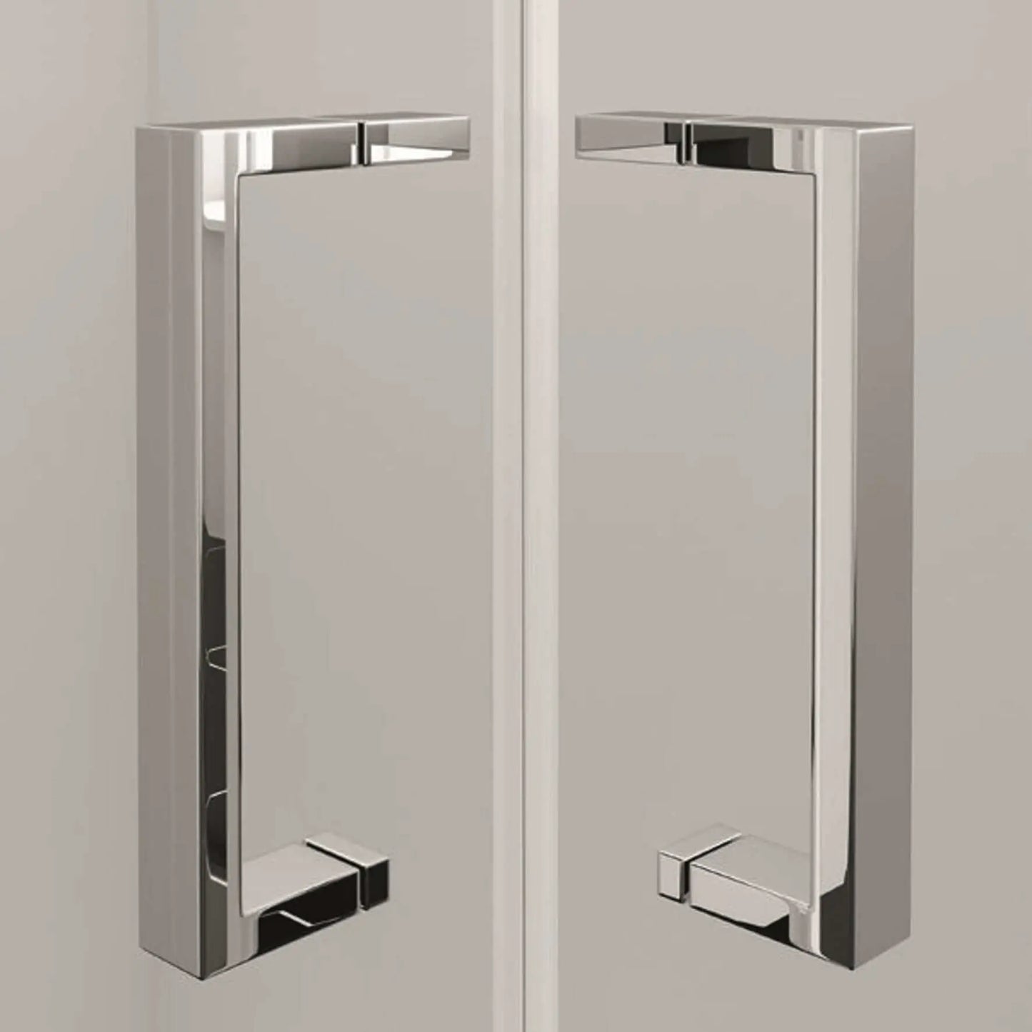 Pormenor dos puxadores metálicos cromados de design quadrado da cabine de duche H-Duo Kan.
