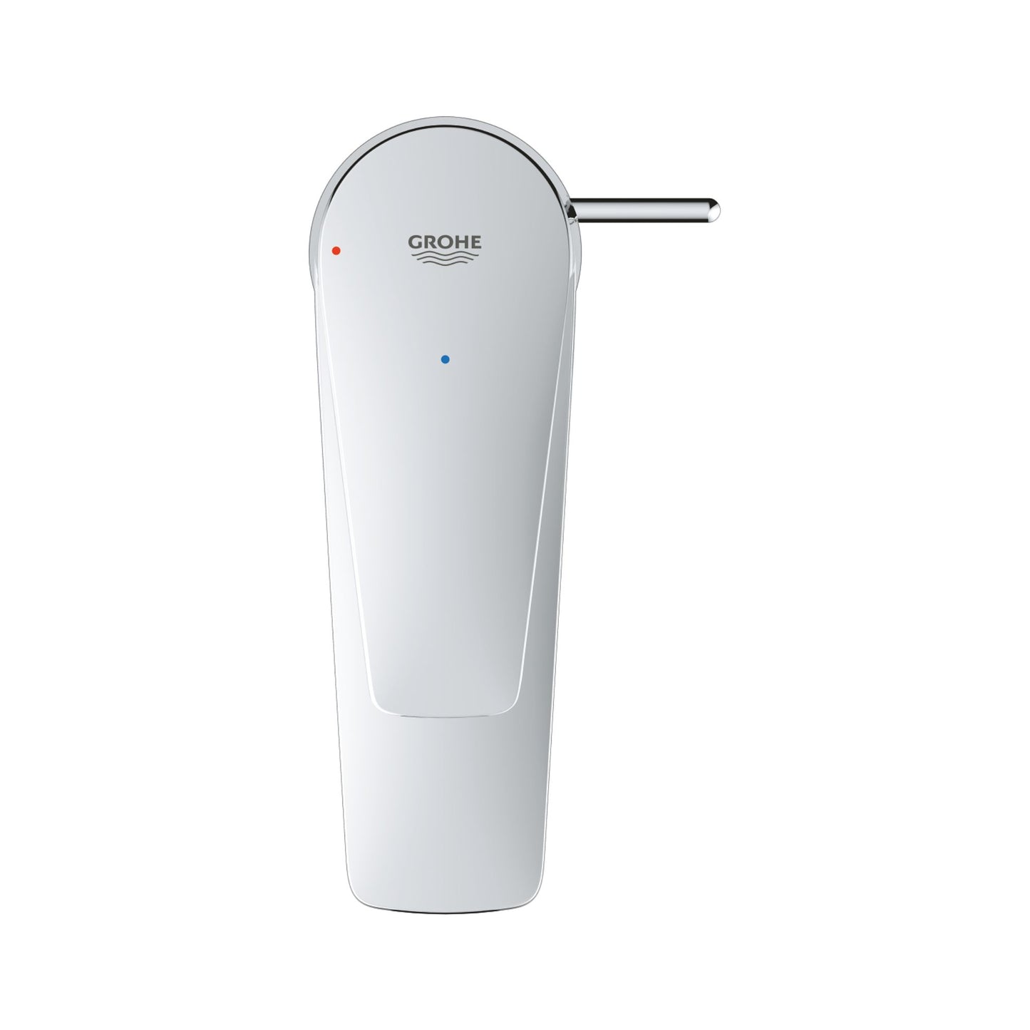 Vista superior do manípulo da torneira Grohe BauEdge com indicadores de temperatura e logótipo da marca.