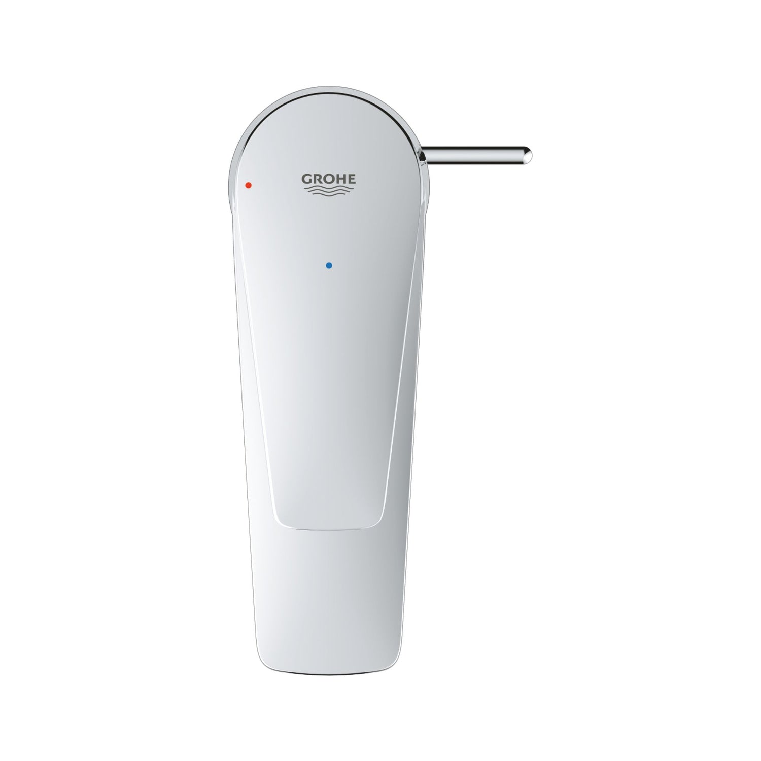 Vista superior do manípulo da torneira Grohe BauEdge com indicadores de temperatura e logótipo da marca.