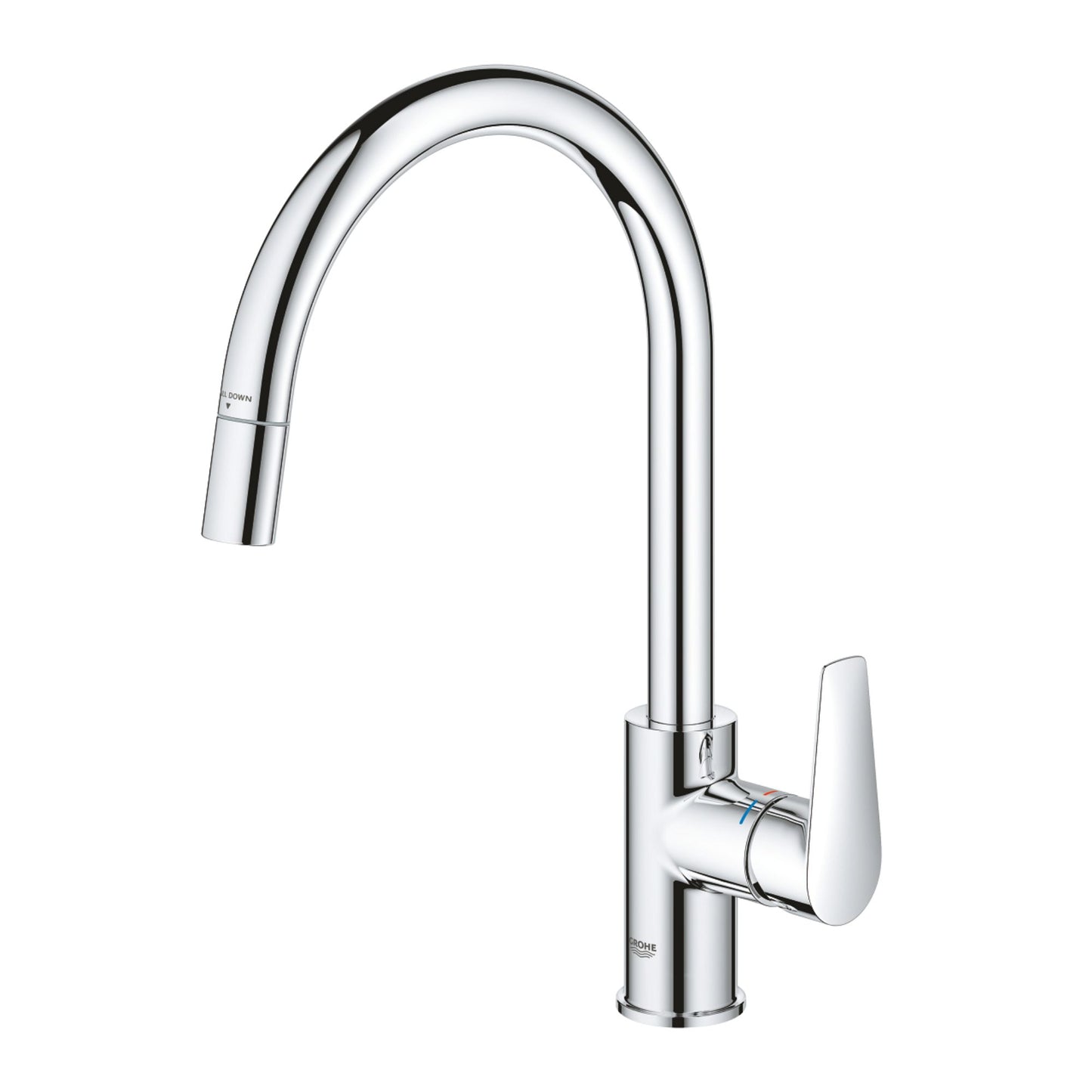 Torneira de cozinha monocomando Grohe Bauedge cromada com cano alto e chuveiro extraível de perfil.