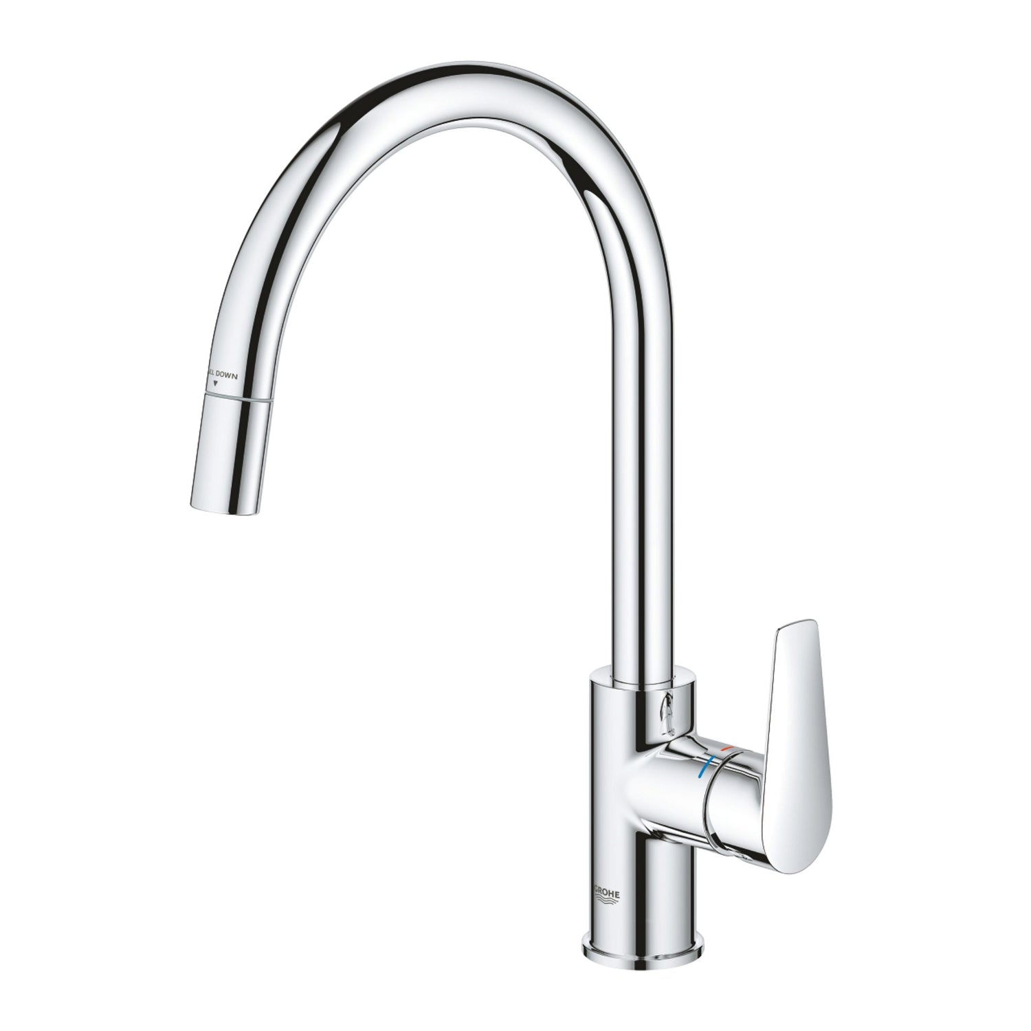 Torneira de cozinha monocomando Grohe Bauedge cromada com cano alto e chuveiro extraível de perfil.