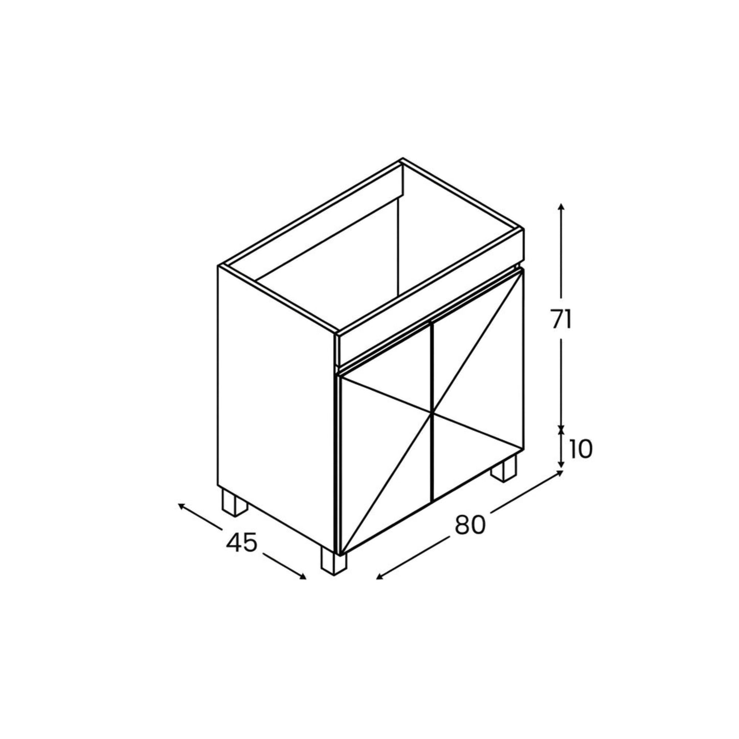 Esquema técnico com dimensões do móvel de casa de banho Viana 80cm destacando altura de 71cm e profundidade de 45cm