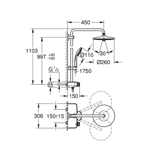 Esquema técnico da coluna Grohe Euphoria com medidas de altura de 1103mm e profundidade de 450mm.
