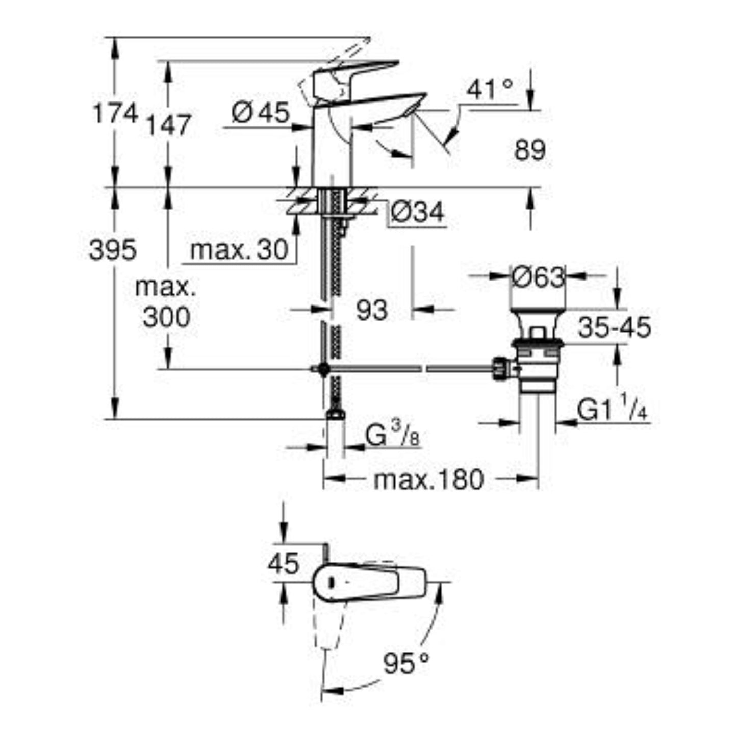 Esquema com medidas técnicas e dimensões detalhadas da torneira de lavatório Grohe BauEdge para instalação.