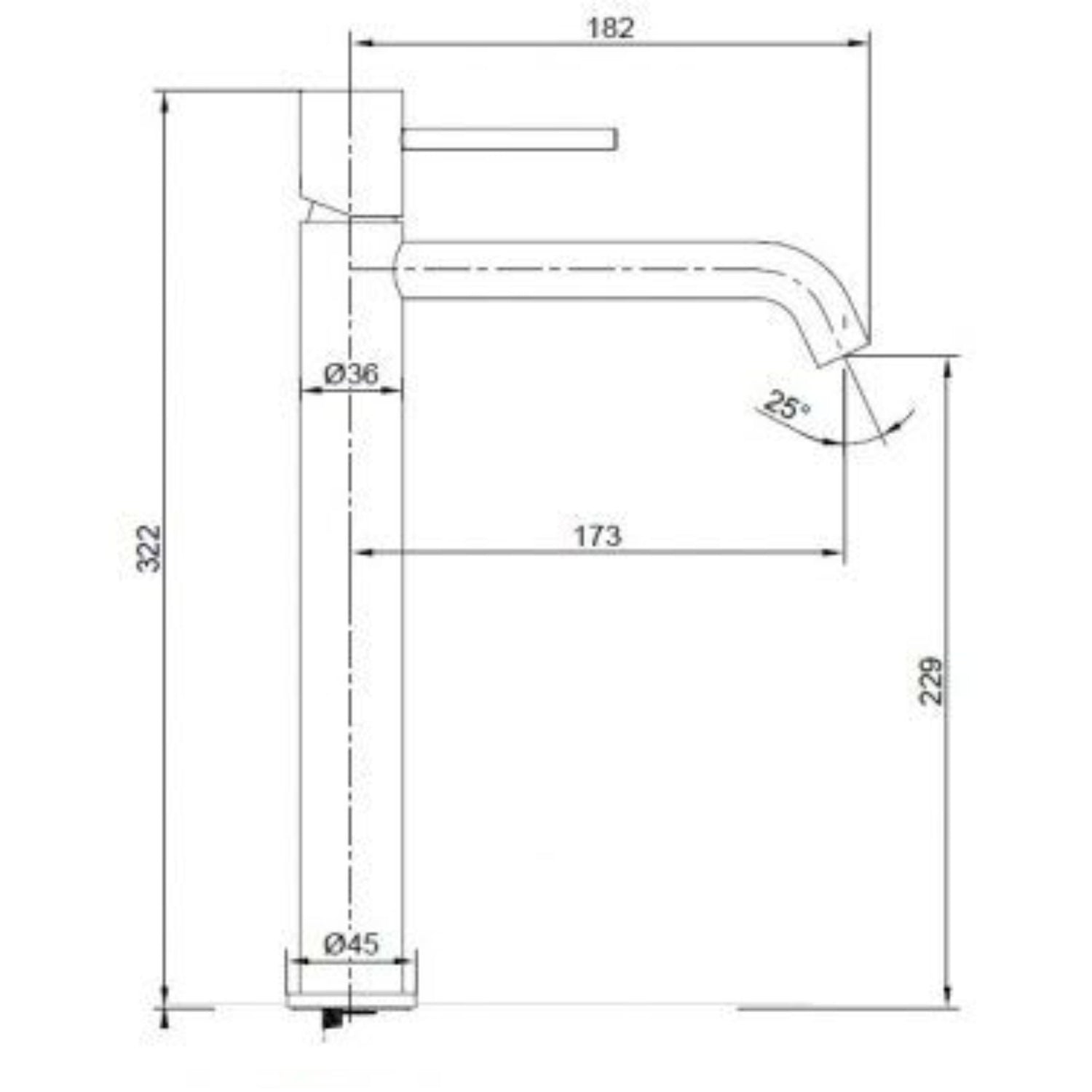 Desenho técnico da Torneira Lavatório Monza Preto Mate, mostrando altura total de 322 mm e alcance de 173 mm