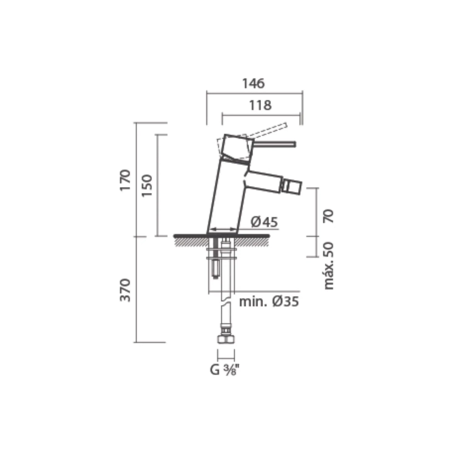 alt='Desenho técnico com as dimensões da torneira de bidé Sanitana Unic, mostrando a altura de 170mm e o alcance de 118mm.'