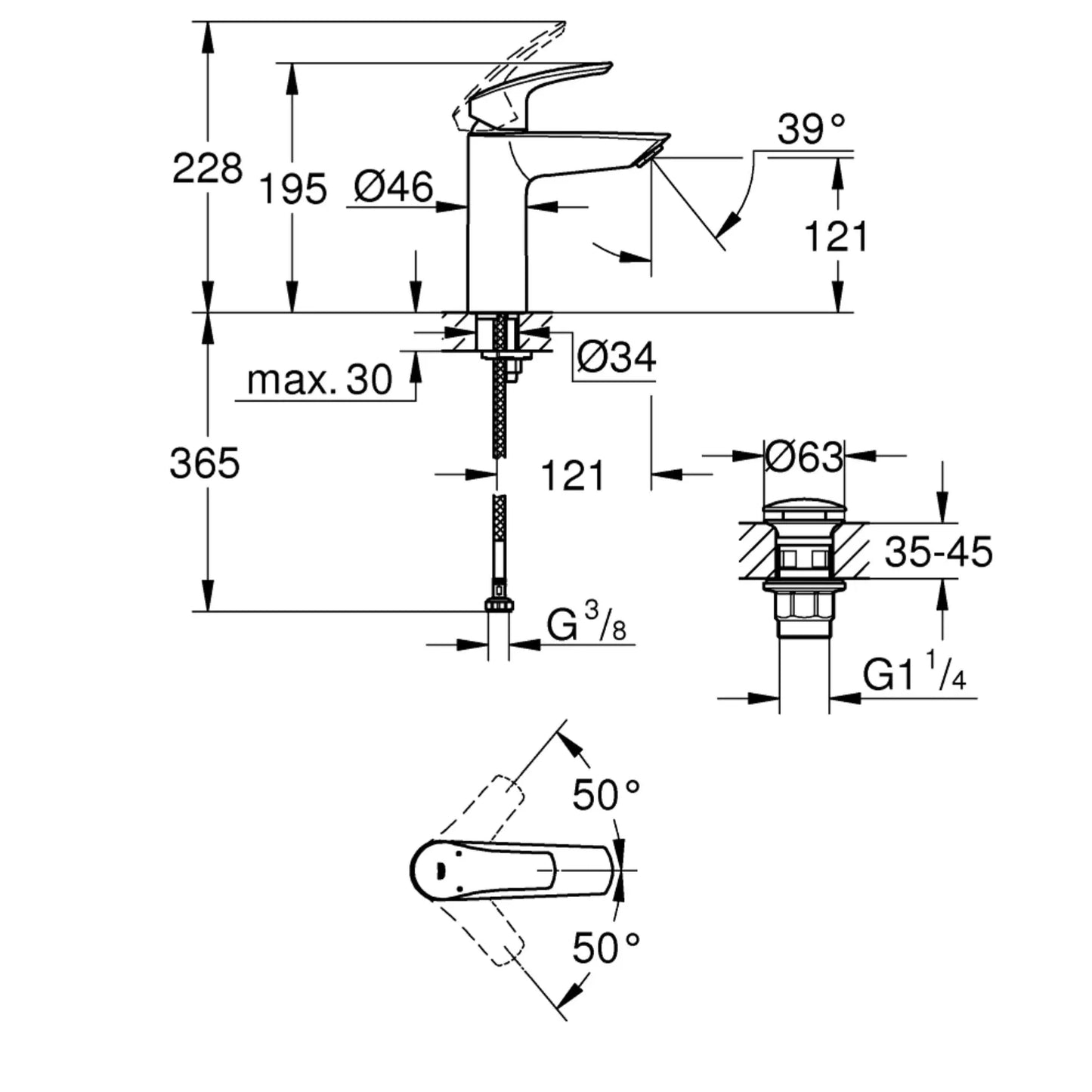 alt='Desenho técnico com as medidas da torneira de lavatório GROHE Eurosmart.'