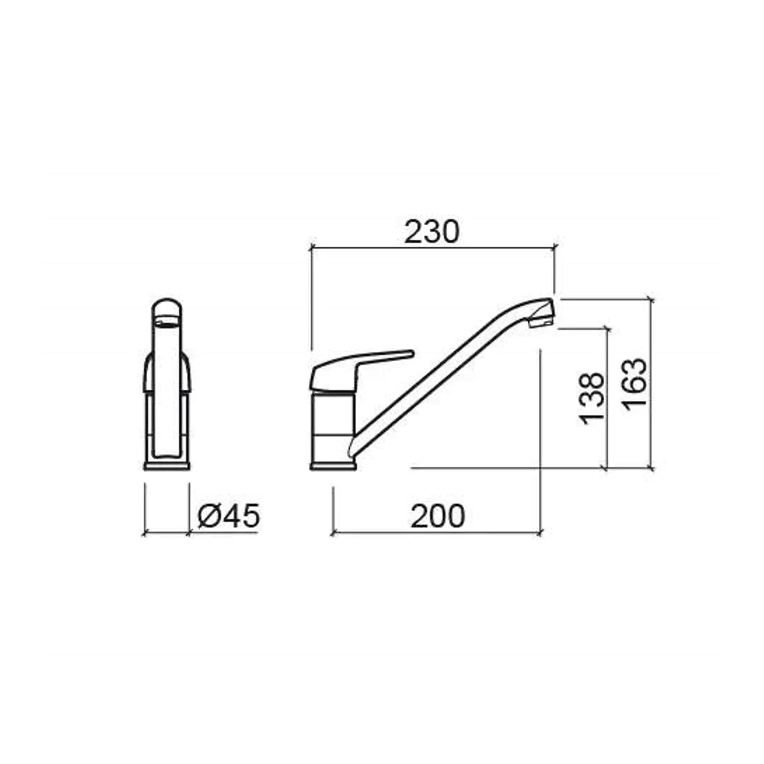 Esquema técnico com dimensões detalhadas da torneira Sanindusa Easy.
