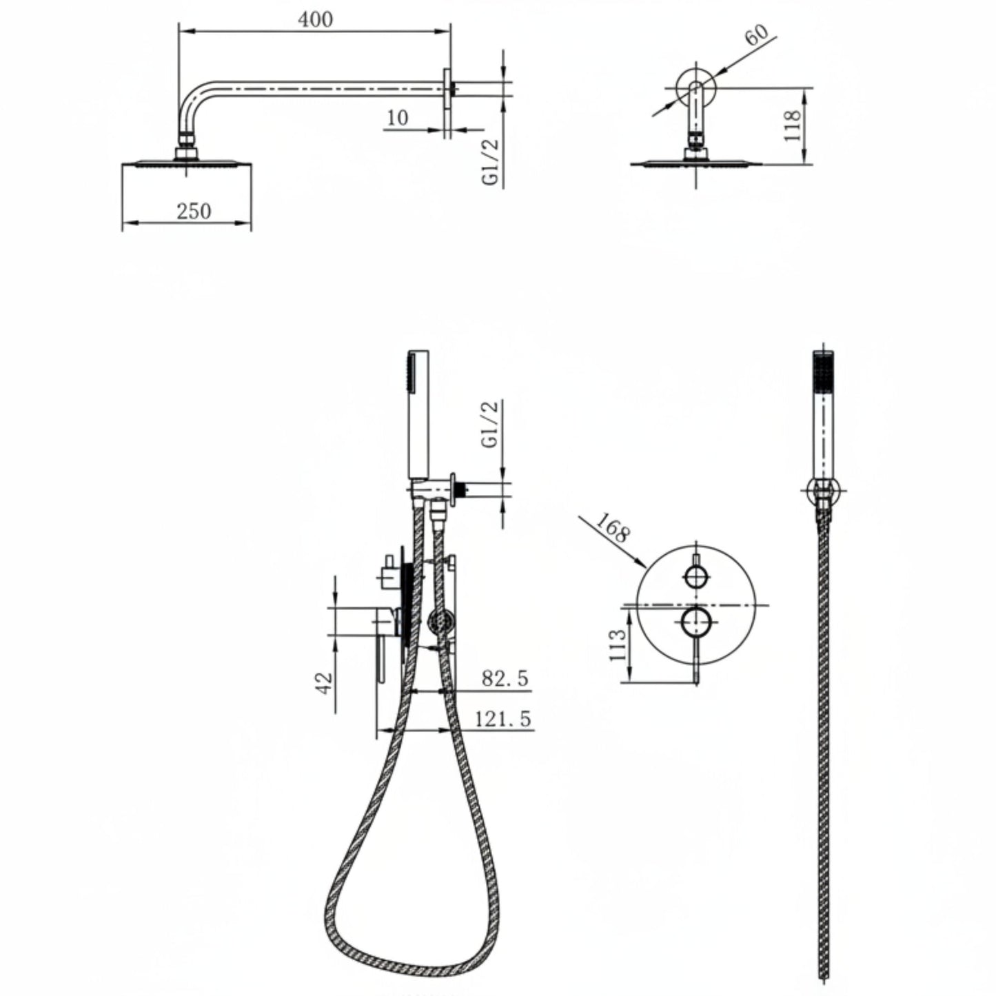 Desenho técnico e esquema de dimensões do Conjunto de Duche Monza Imex (Chuveiro teto 250mm, Braço 400mm)