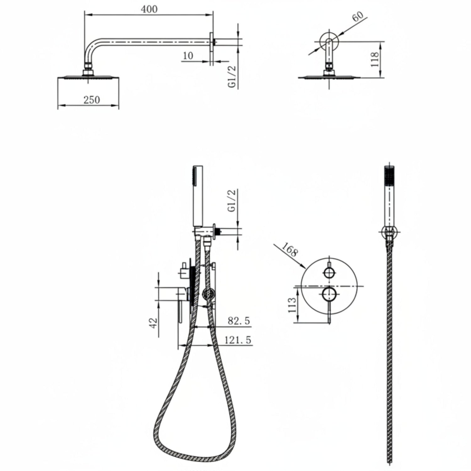 Desenho técnico e esquema de dimensões do Conjunto de Duche Monza Imex (Chuveiro teto 250mm, Braço 400mm)