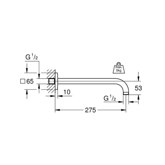 Desenho técnico com medidas de 275mm de comprimento e ligações do braço de chuveiro Grohe Rainshower.