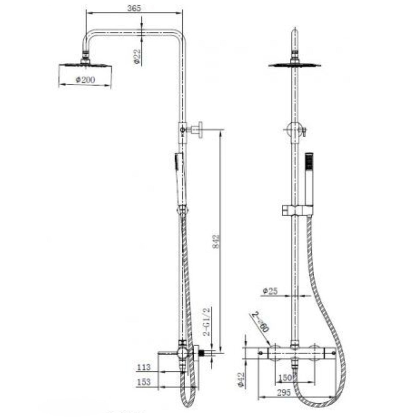 Desenho técnico com medidas detalhadas da coluna de duche Imex Monza preto mate.