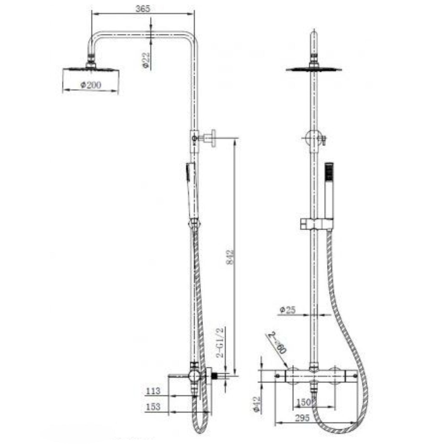 Desenho técnico com medidas detalhadas da coluna de duche Imex Monza preto mate.