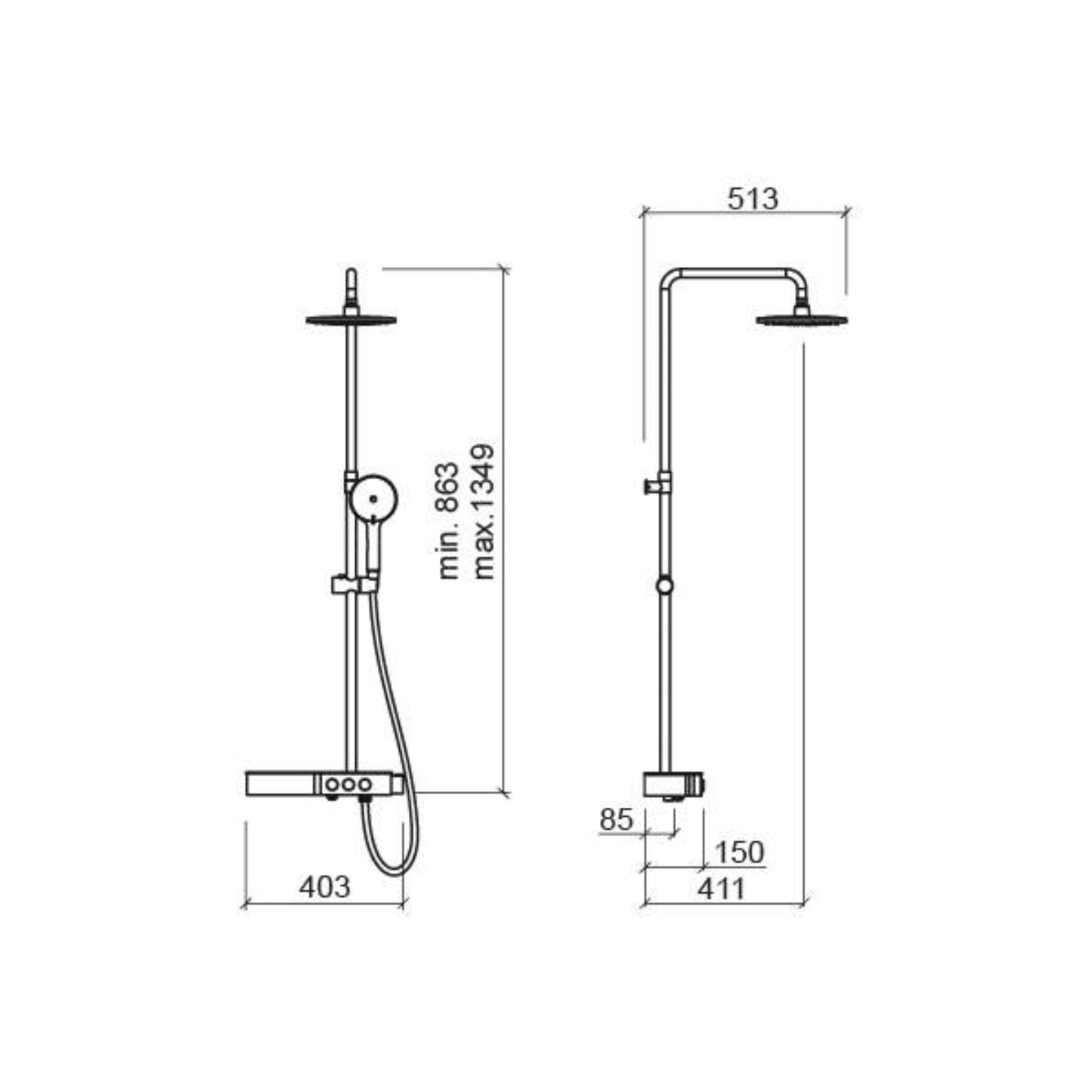 Desenho técnico com dimensões da coluna Sanindusa Easy Touch Plus, detalhando altura ajustável e largura da prateleira de 403mm.