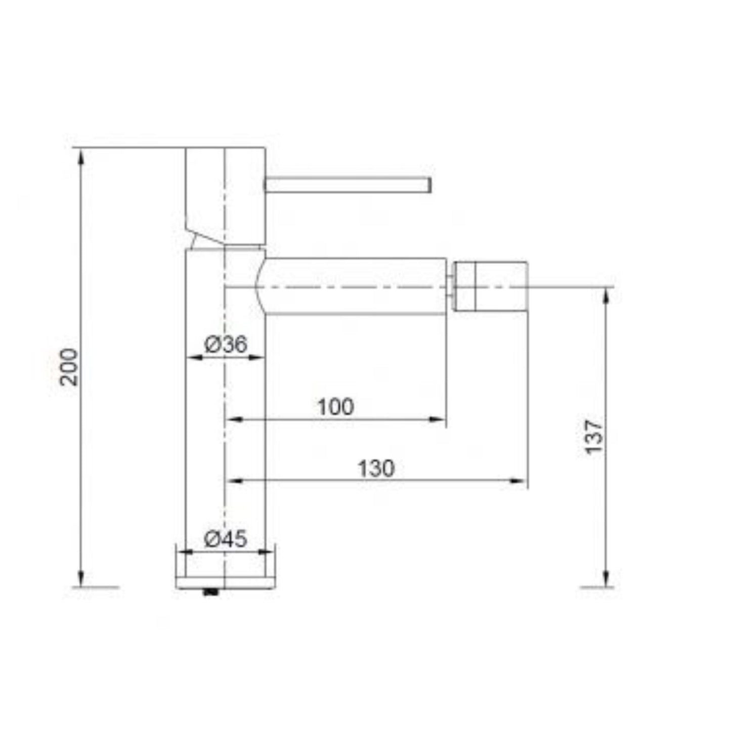 Esquema técnico com as dimensões da torneira de bidé Monza (Altura 200mm, Projeção 130mm).