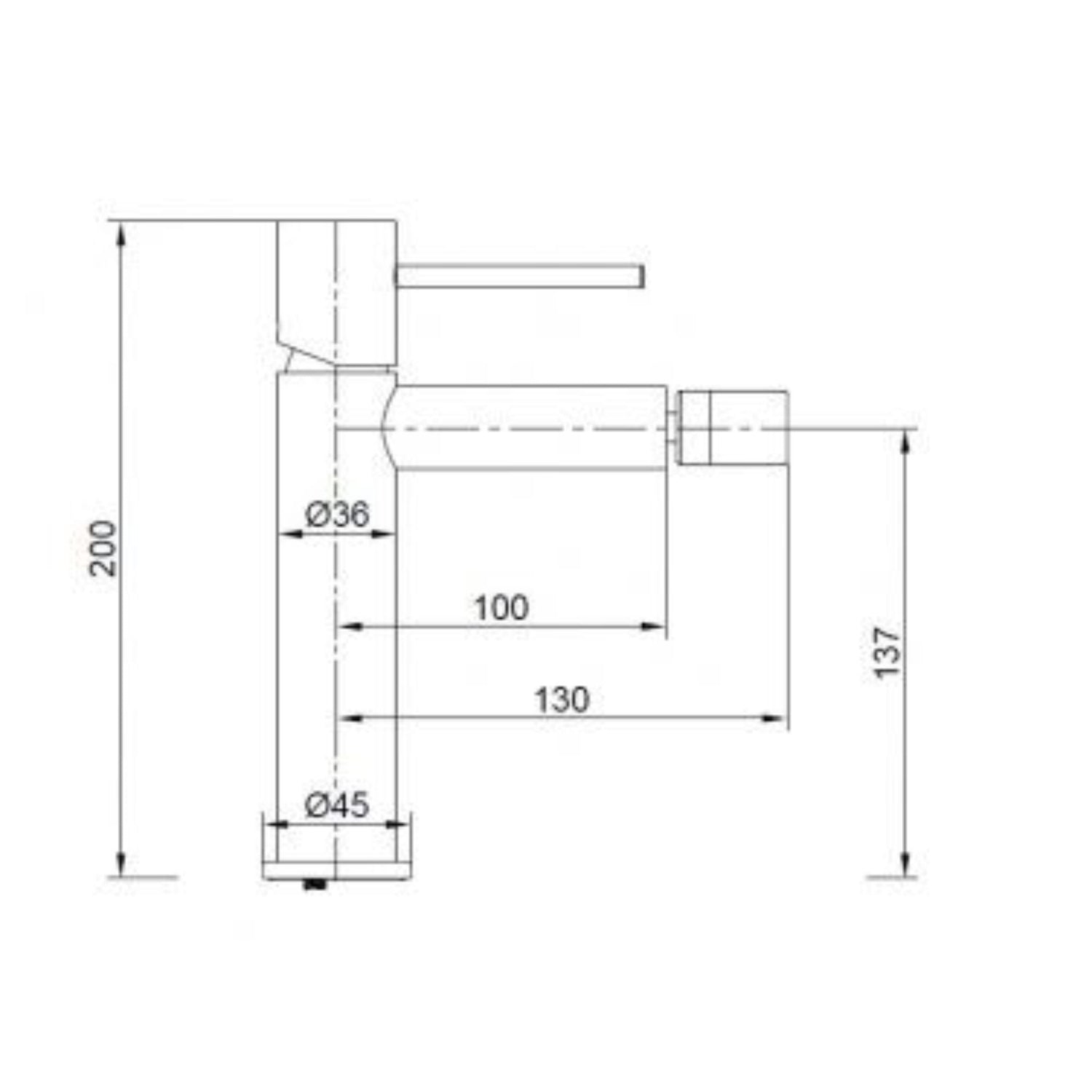 Esquema técnico com as dimensões da torneira de bidé Monza (Altura 200mm, Projeção 130mm).