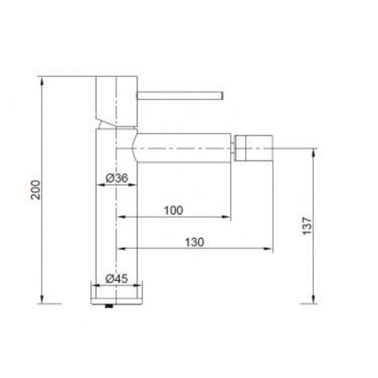 Esquema técnico com as dimensões da torneira de bidé Monza Preto Mate (Altura 200mm, Projeção 130mm).