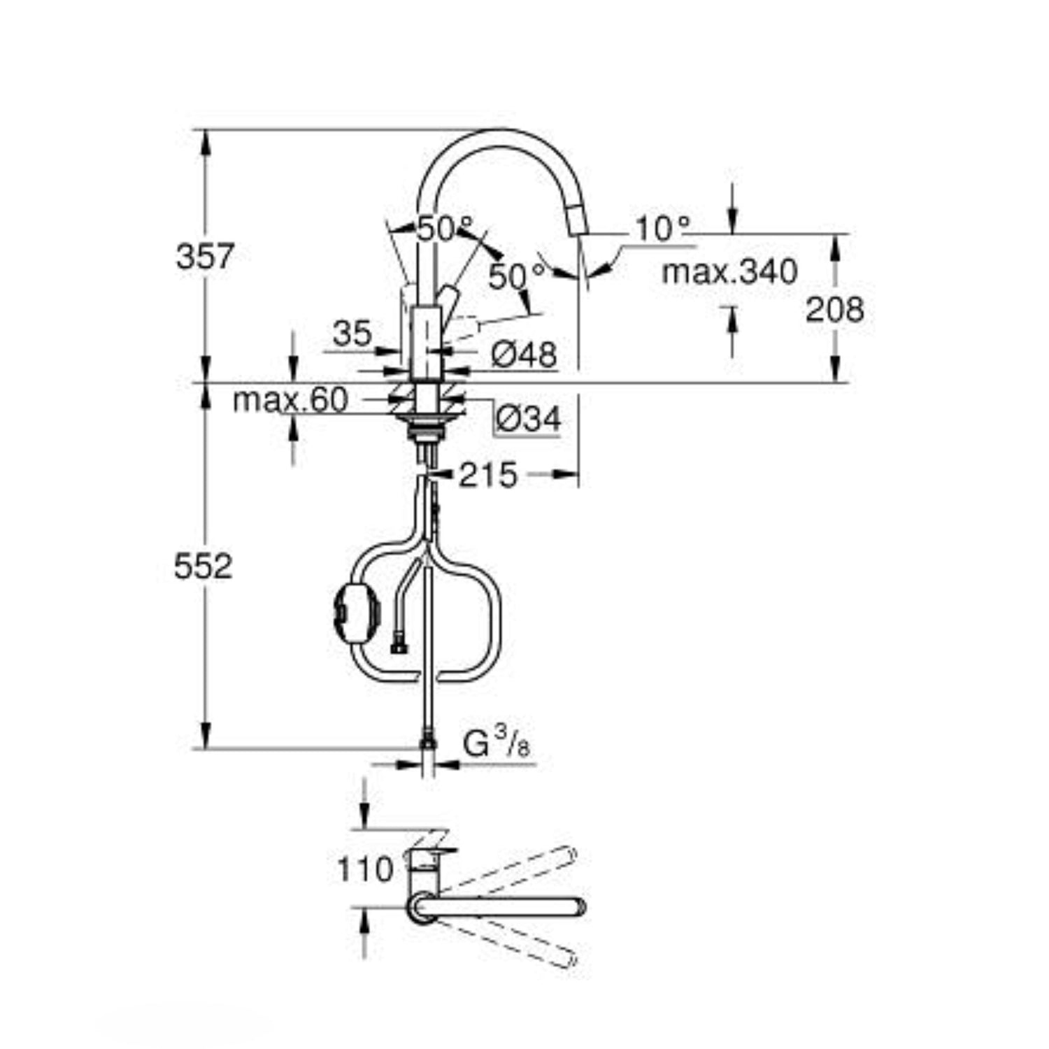 Desenho técnico com dimensões detalhadas da torneira Grohe Bauedge incluindo altura total de 357mm.