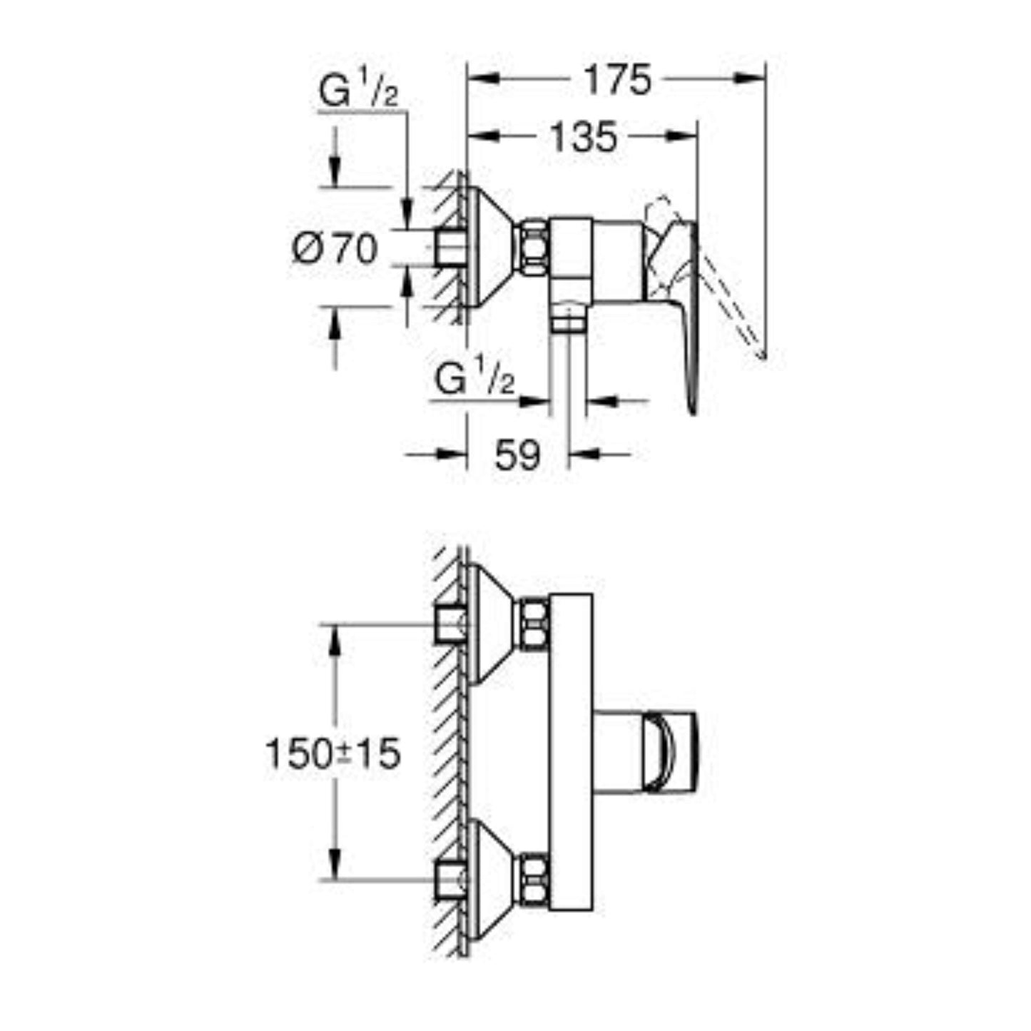 Esquema técnico com as medidas e dimensões de instalação da torneira de duche Grohe Bauedge.