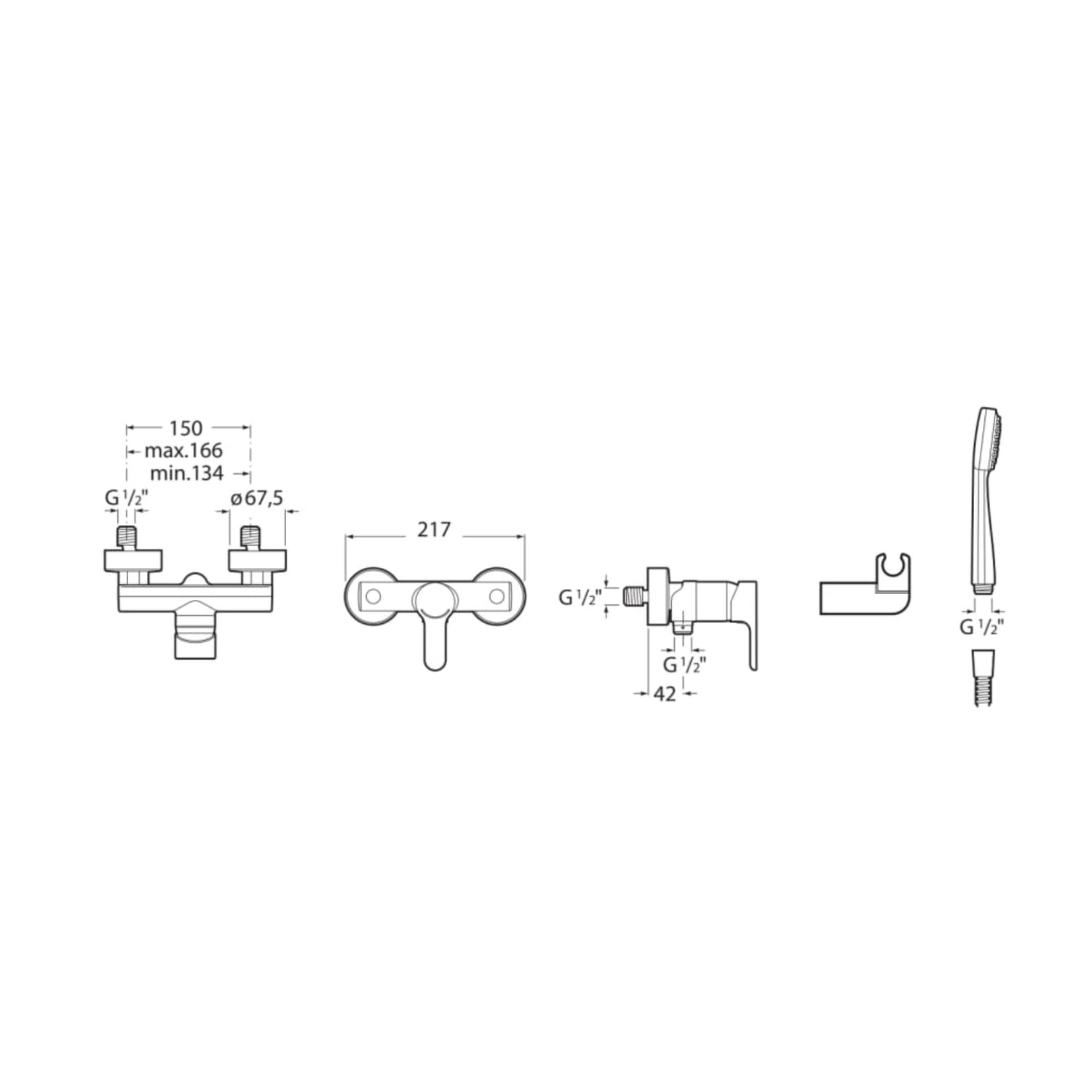 Desenho técnico com dimensões detalhadas da torneira de duche Roca L20 e acessórios.