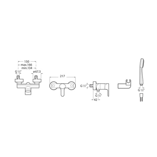 Desenho técnico com dimensões detalhadas da torneira de duche Roca L20 e acessórios.