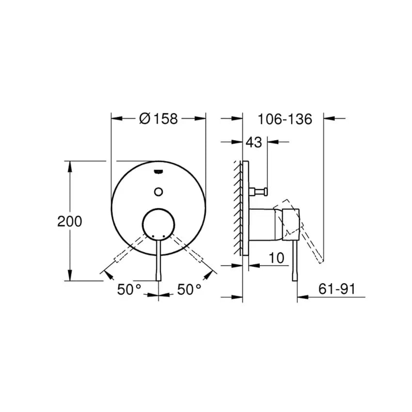 Desenho técnico com dimensões e profundidade de instalação da misturadora Grohe Essence New de encastrar.