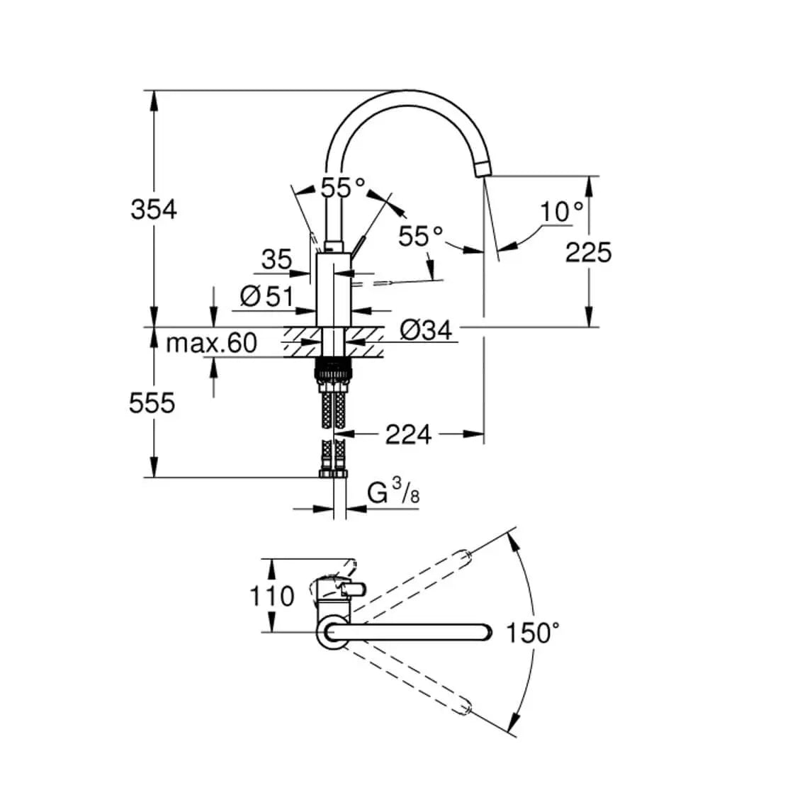 Desenho técnico detalhado com medidas e ângulos de rotação da torneira Grohe Eurosmart Cosmopolitan.