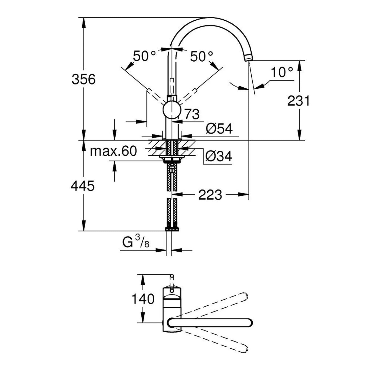 Desenho técnico detalhado com dimensões e ângulos de rotação da torneira Grohe Minta.