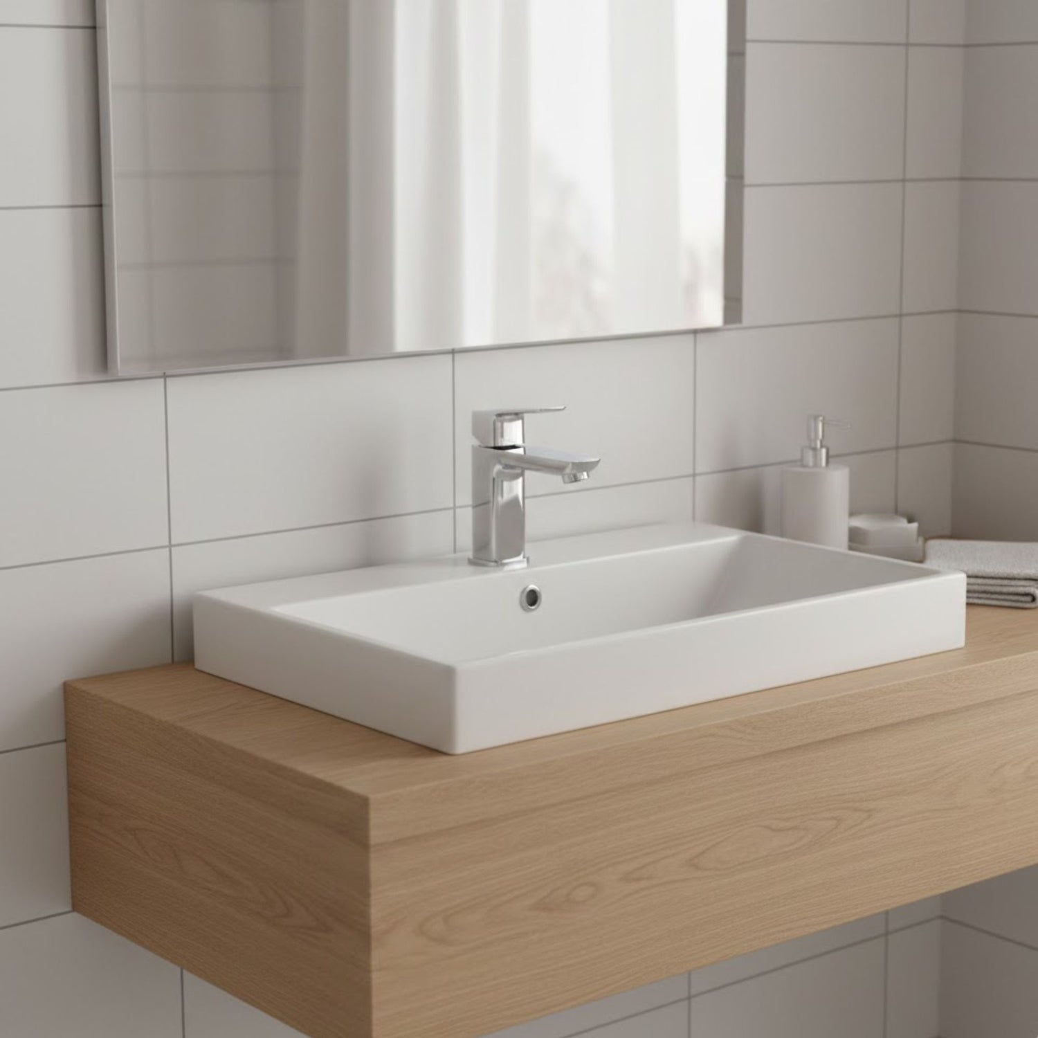 Torneira Grohe Cubeo cromada instalada num lavatório de pousar branco sobre bancada de madeira em ambiente de casa de banho moderna.