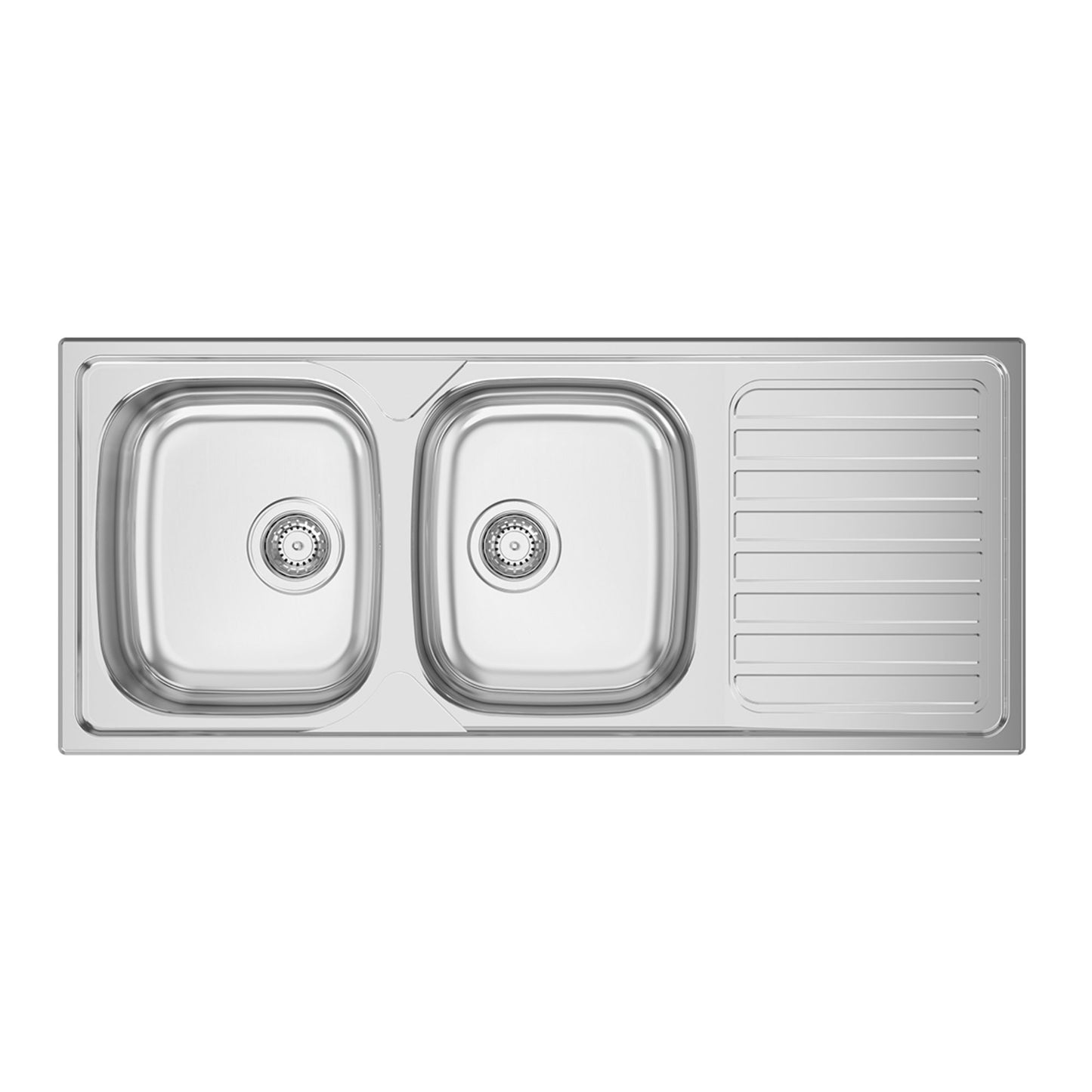 Lava-louça de encastrar Rodi Okio Line 116 em aço inox polido com duas cubas e escorredor lateral.