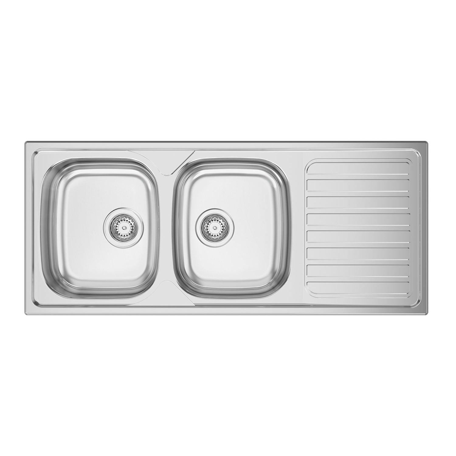 Lava-louça de encastrar Rodi Okio Line 116 em aço inox polido com duas cubas e escorredor lateral.