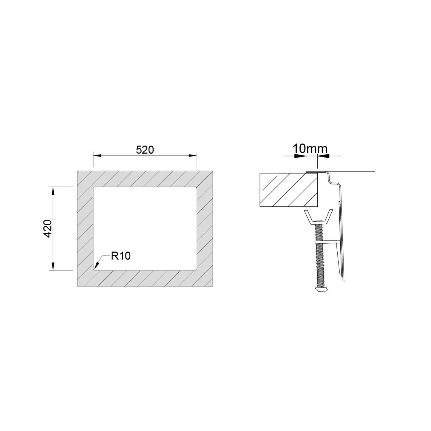 Esquema técnico de fixação e perfil do bordo para instalação do lava-louça Una em bancada.