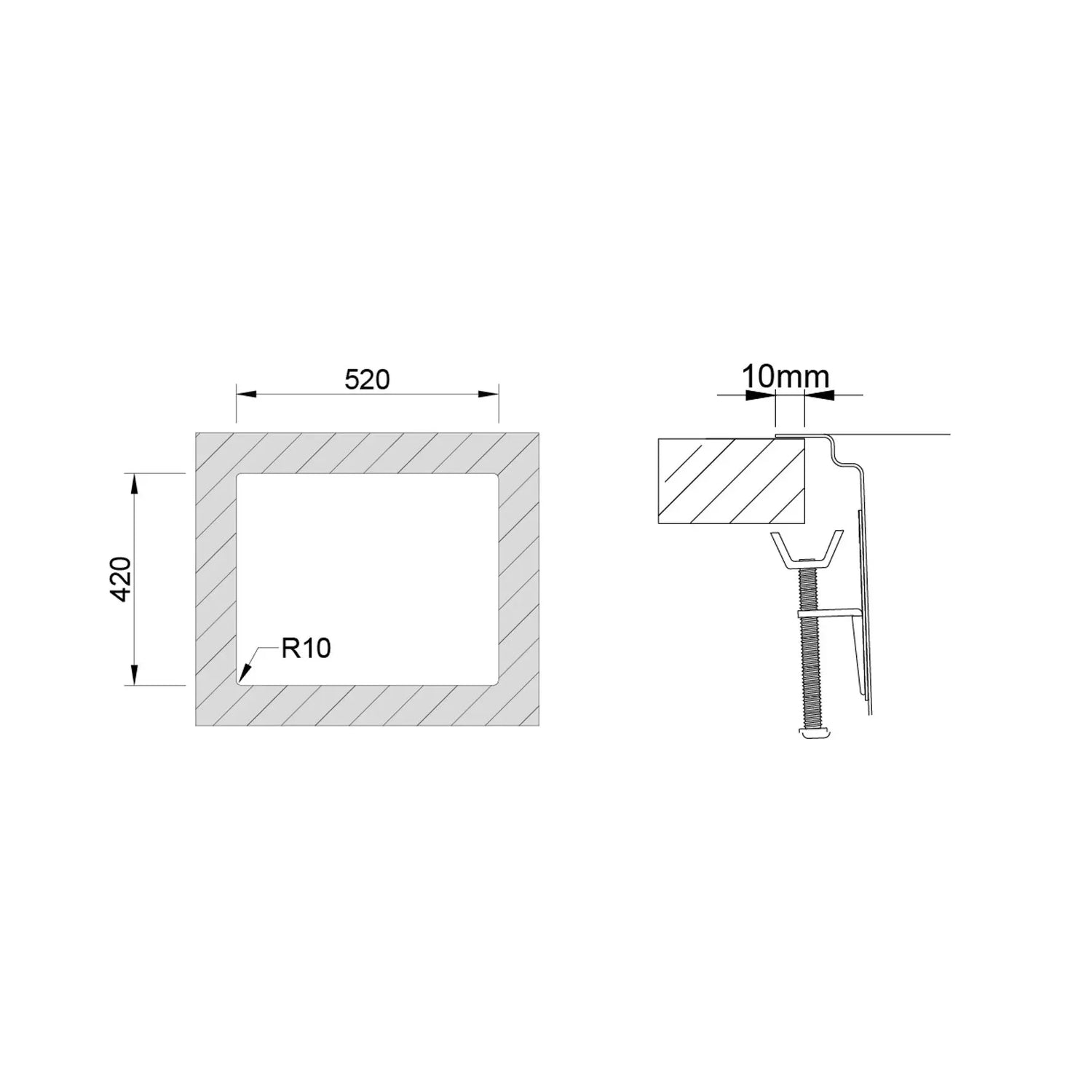 Esquema técnico de fixação e perfil do bordo para instalação do lava-louça Una em bancada.