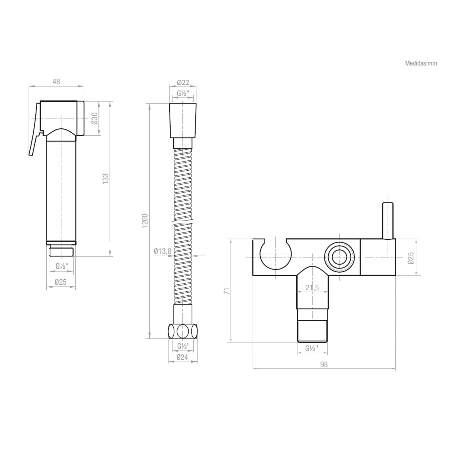 Esquema técnico com dimensões detalhadas do chuveiro higiénico Basic Maxi em milímetros.
